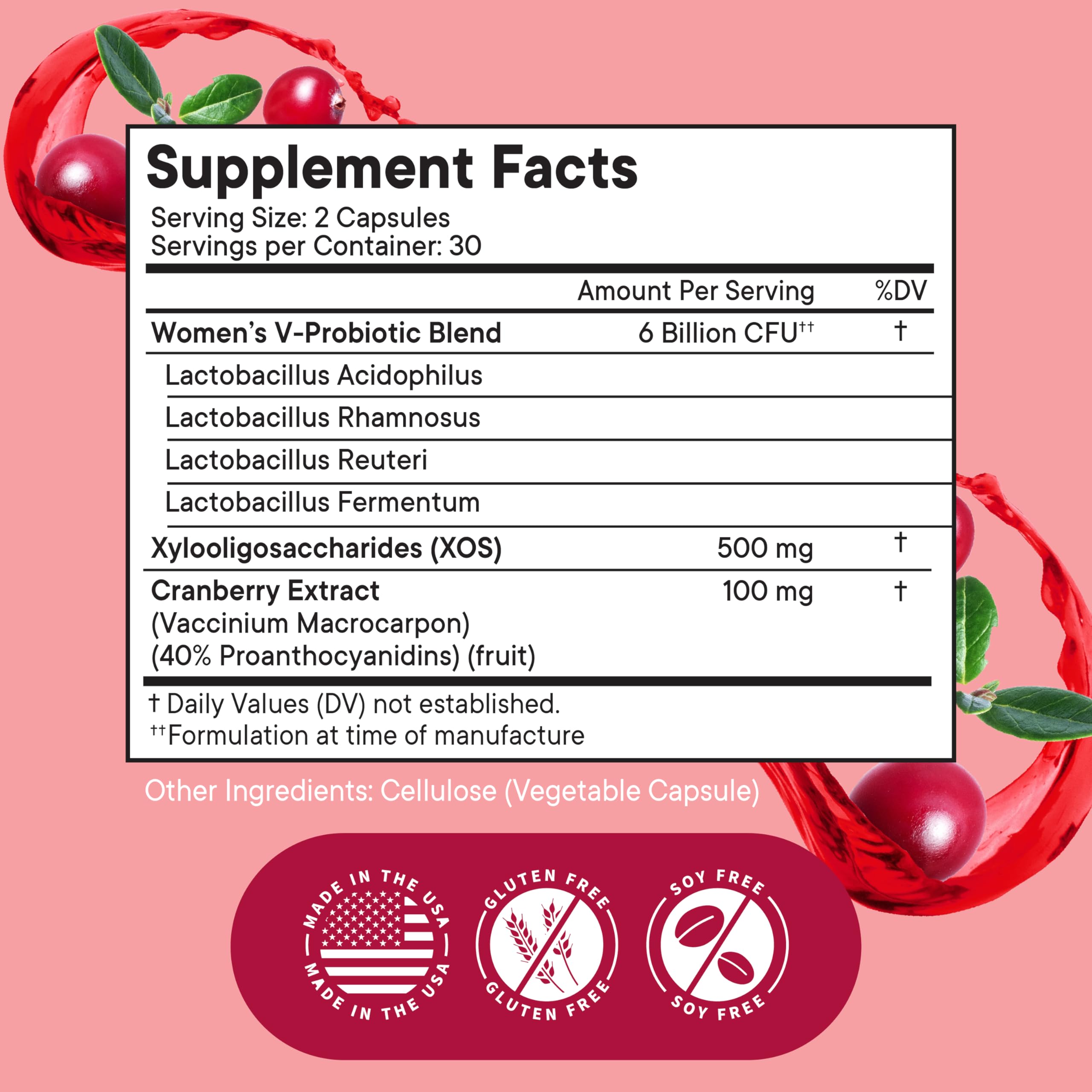 Product label highlighting prebiotics and cranberry extract