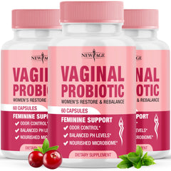 Bottle of New Age Vaginal Probiotics with label on white background