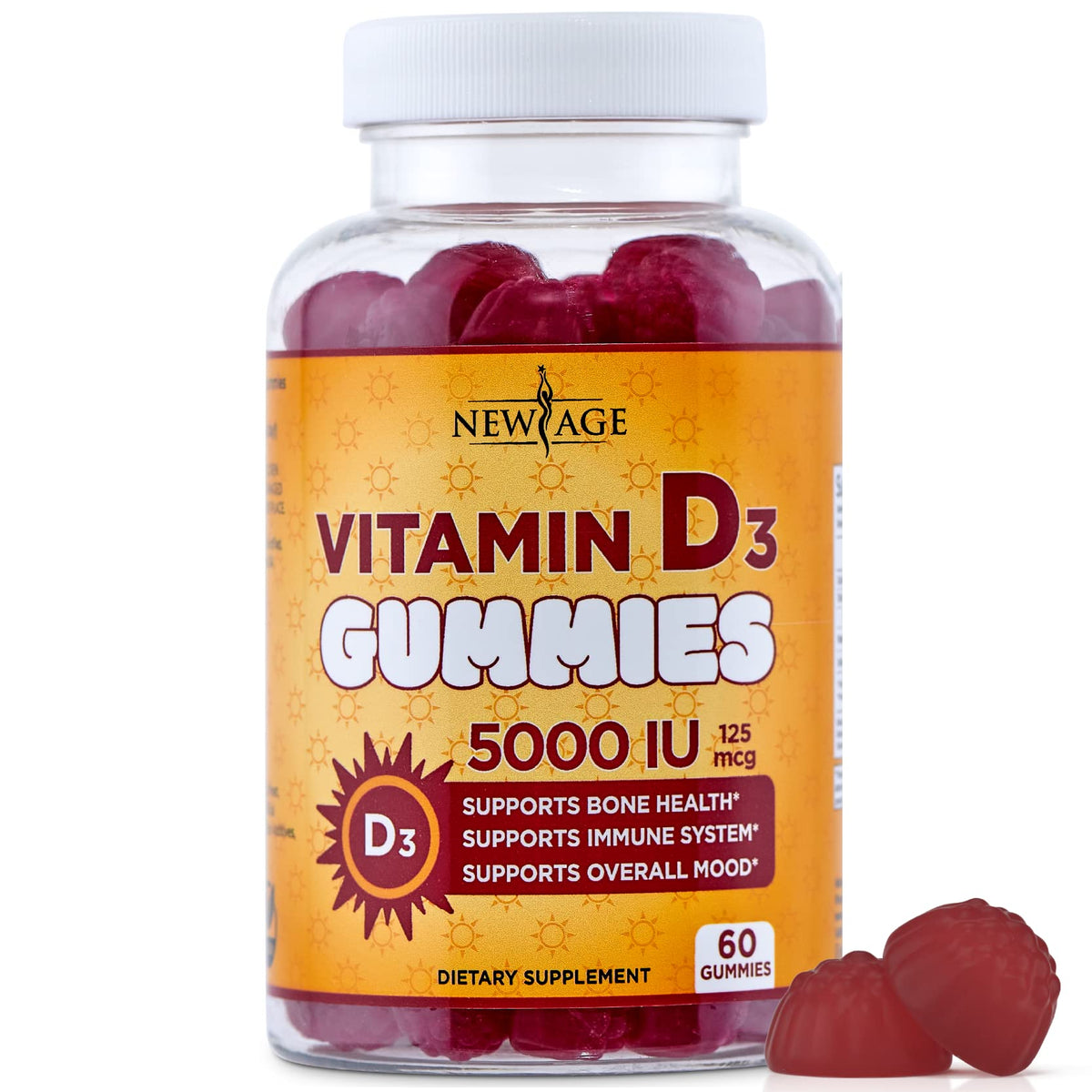 Front view of NEW AGE Vitamin D3 5000 IU Gummies bottle with 60 gummies