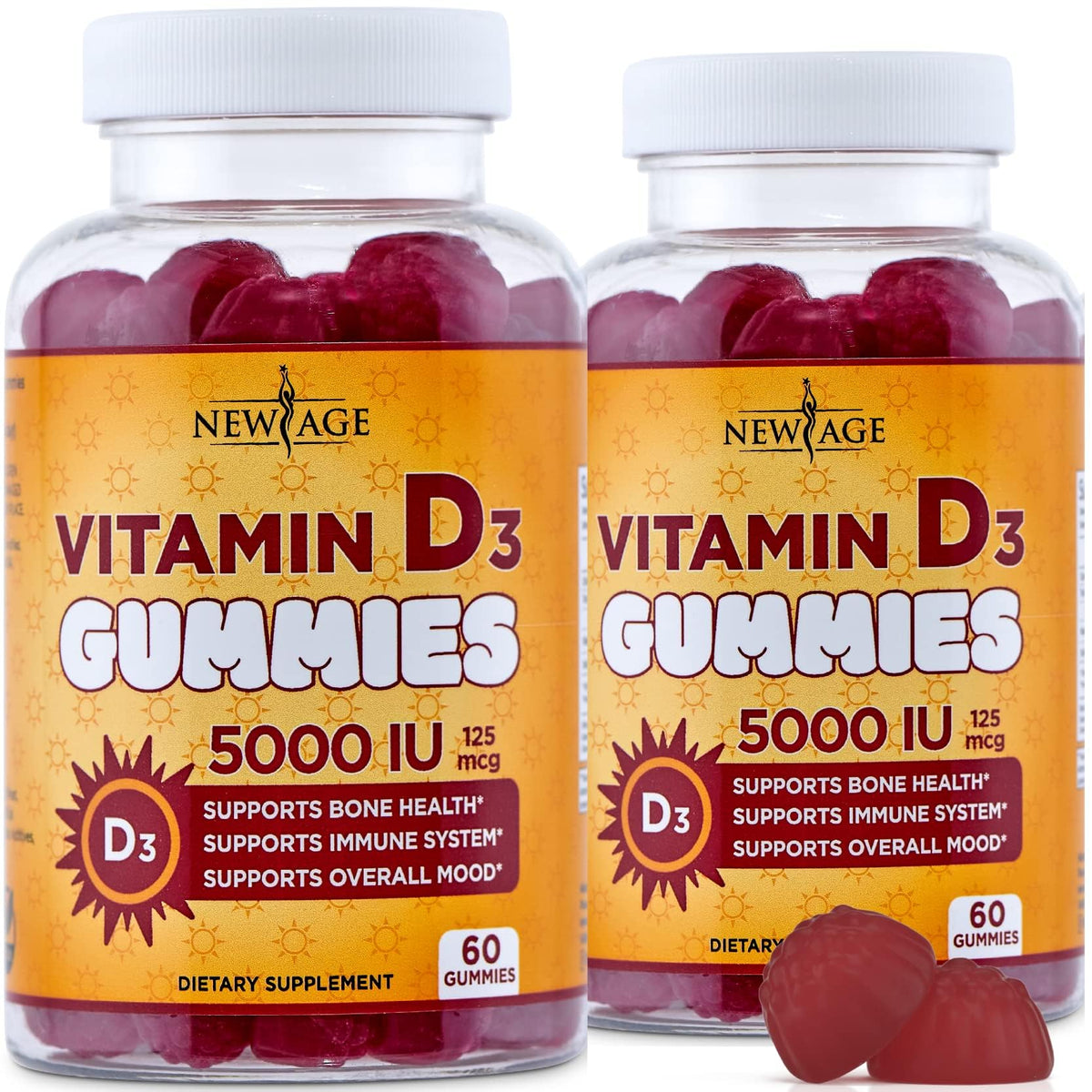 Front view of NEW AGE Vitamin D3 5000 IU Gummies packaging