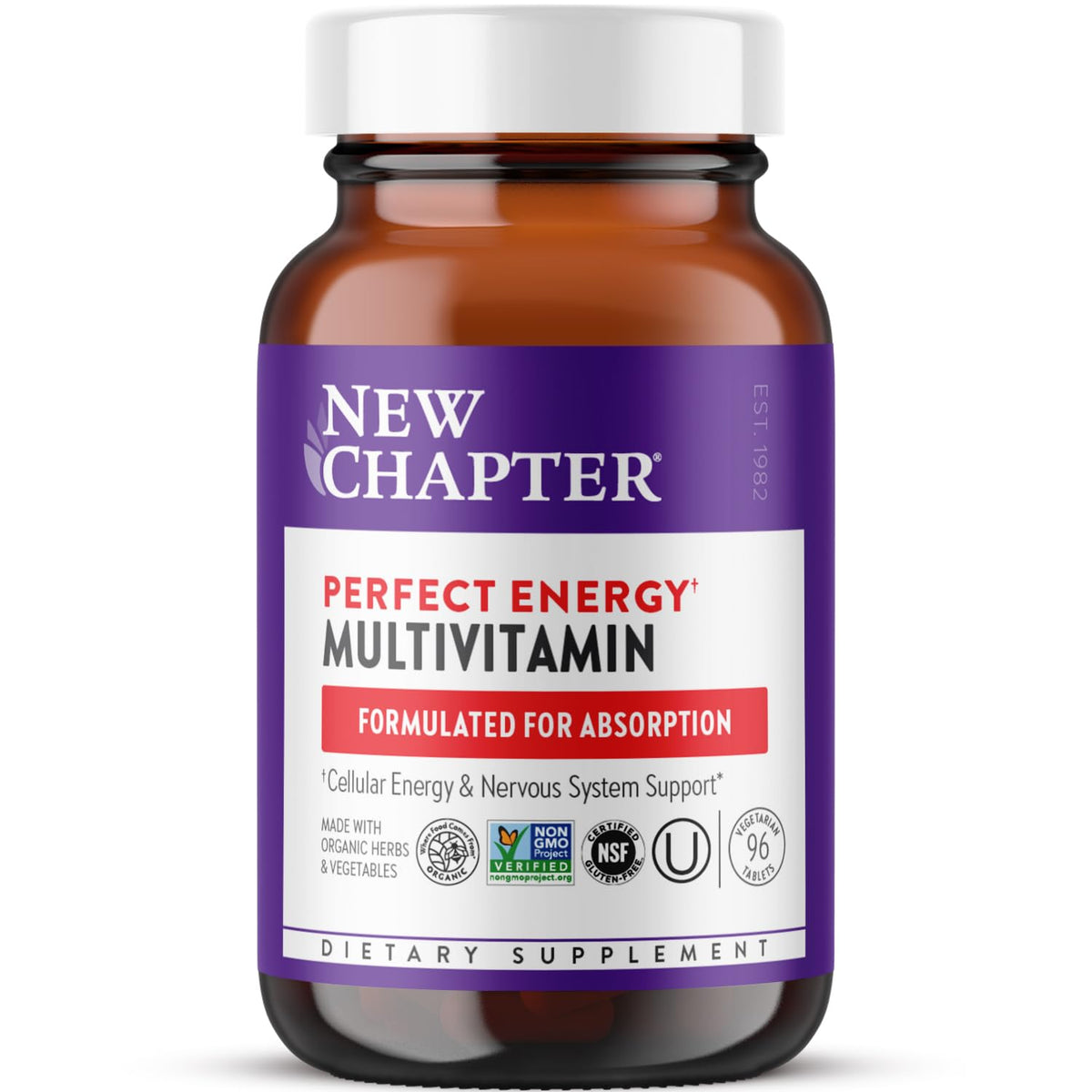 New Chapter Perfect Energy Multivitamin bottle front displaying 96 count