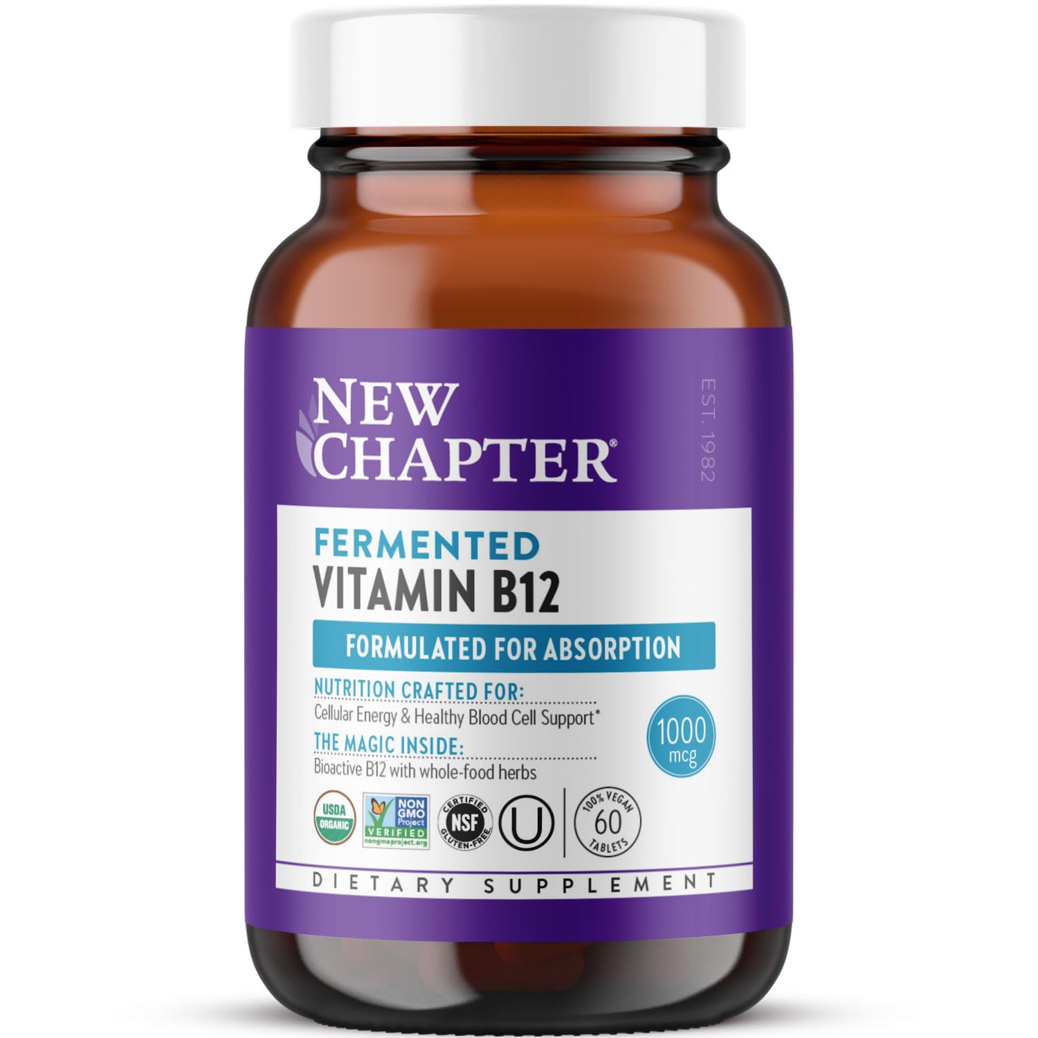 Front view of New Chapter Fermented Vitamin B12 1000 mcg bottle (60-count)