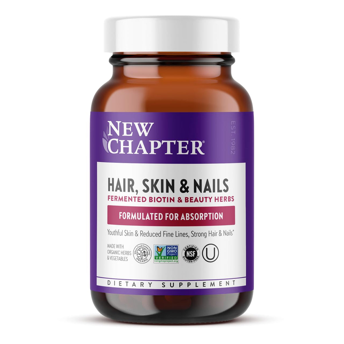 Bottle of New Chapter Hair Skin Nails vitamins with 30 vegetarian capsules