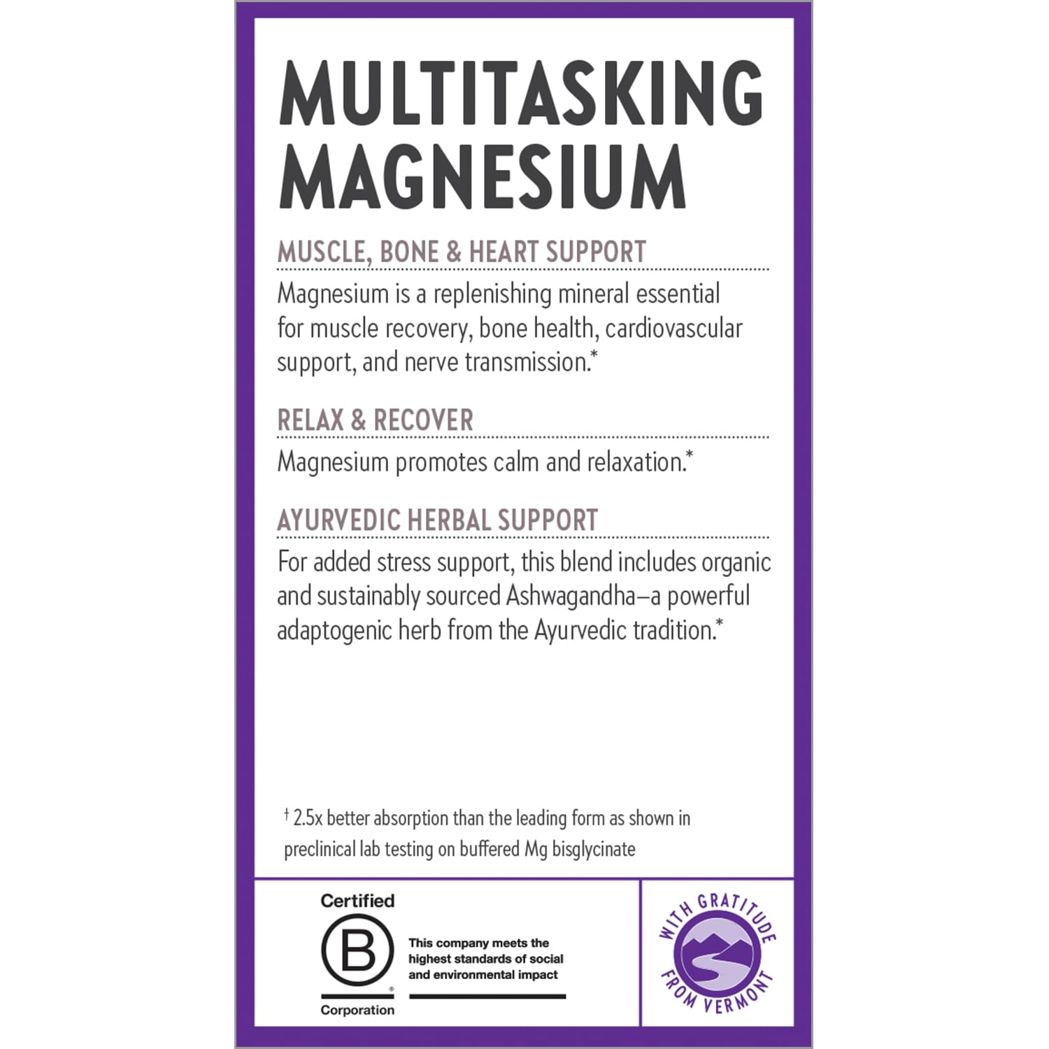 Packaging details for Ashwagandha and magnesium supplement