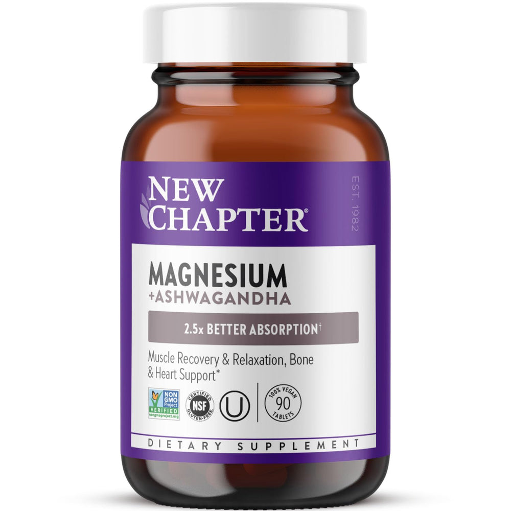 New Chapter Magnesium + Ashwagandha bottle showing 2.5x absorption feature.