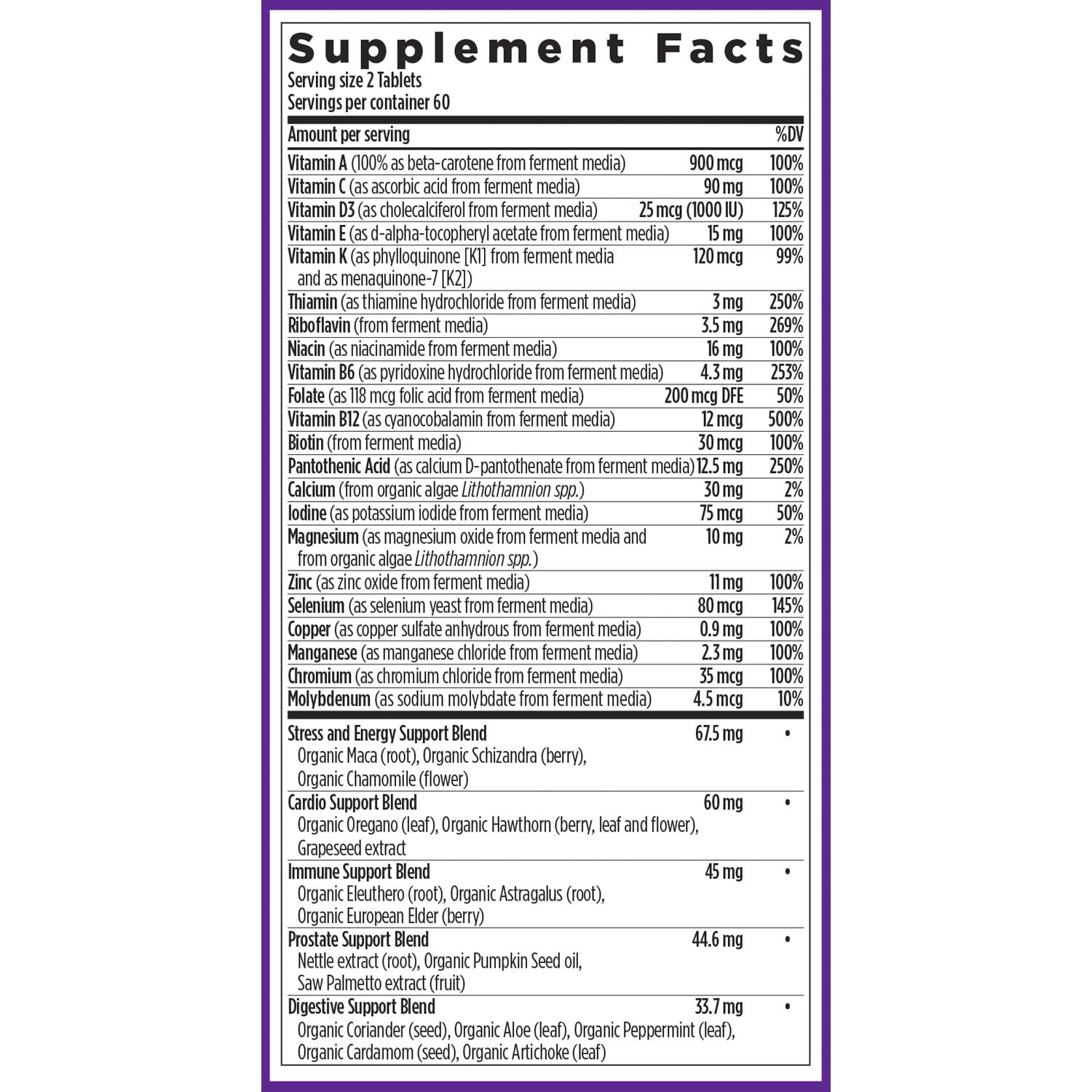 Organic vegetables and herbs used in the formula