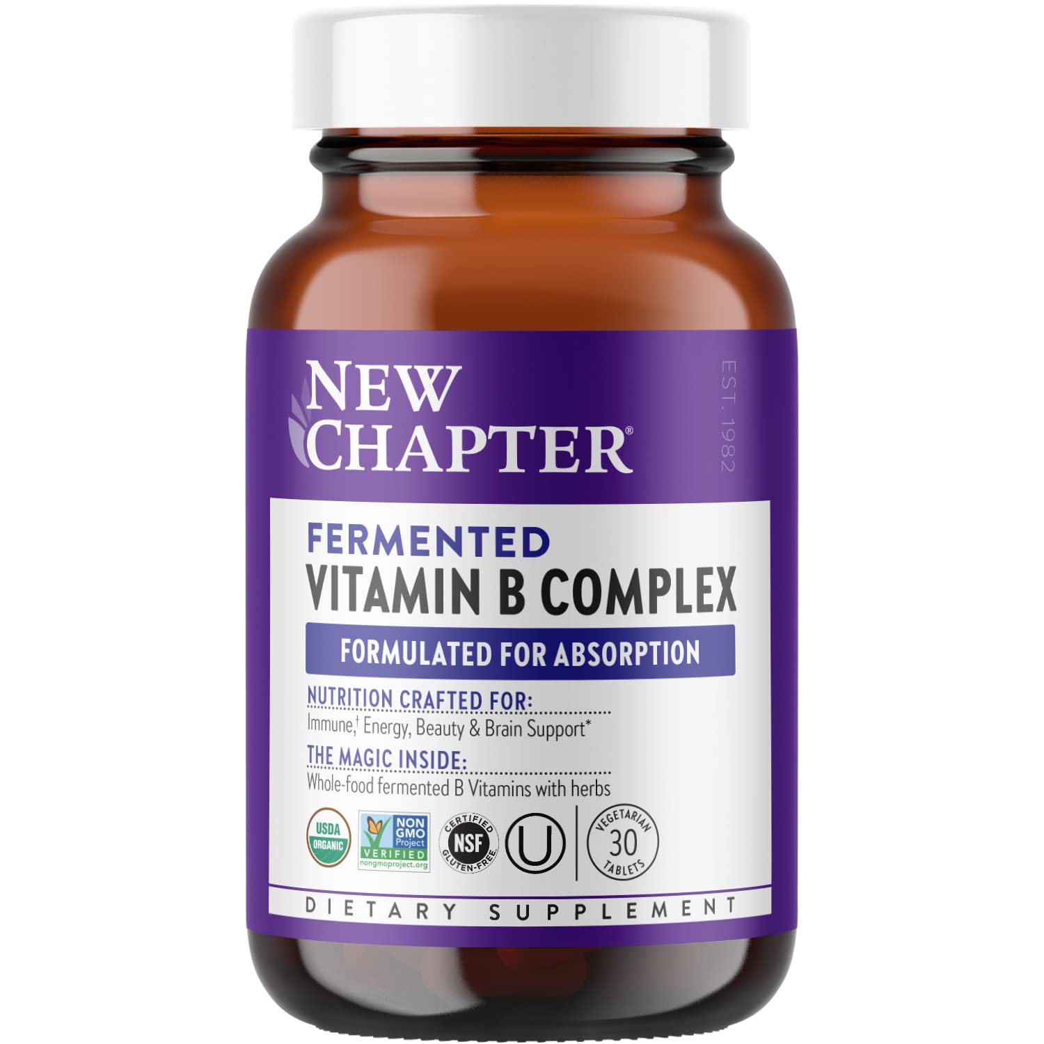 Front bottle of NEW CHAPTER Organic Fermented Vitamin B Complex 30 Count