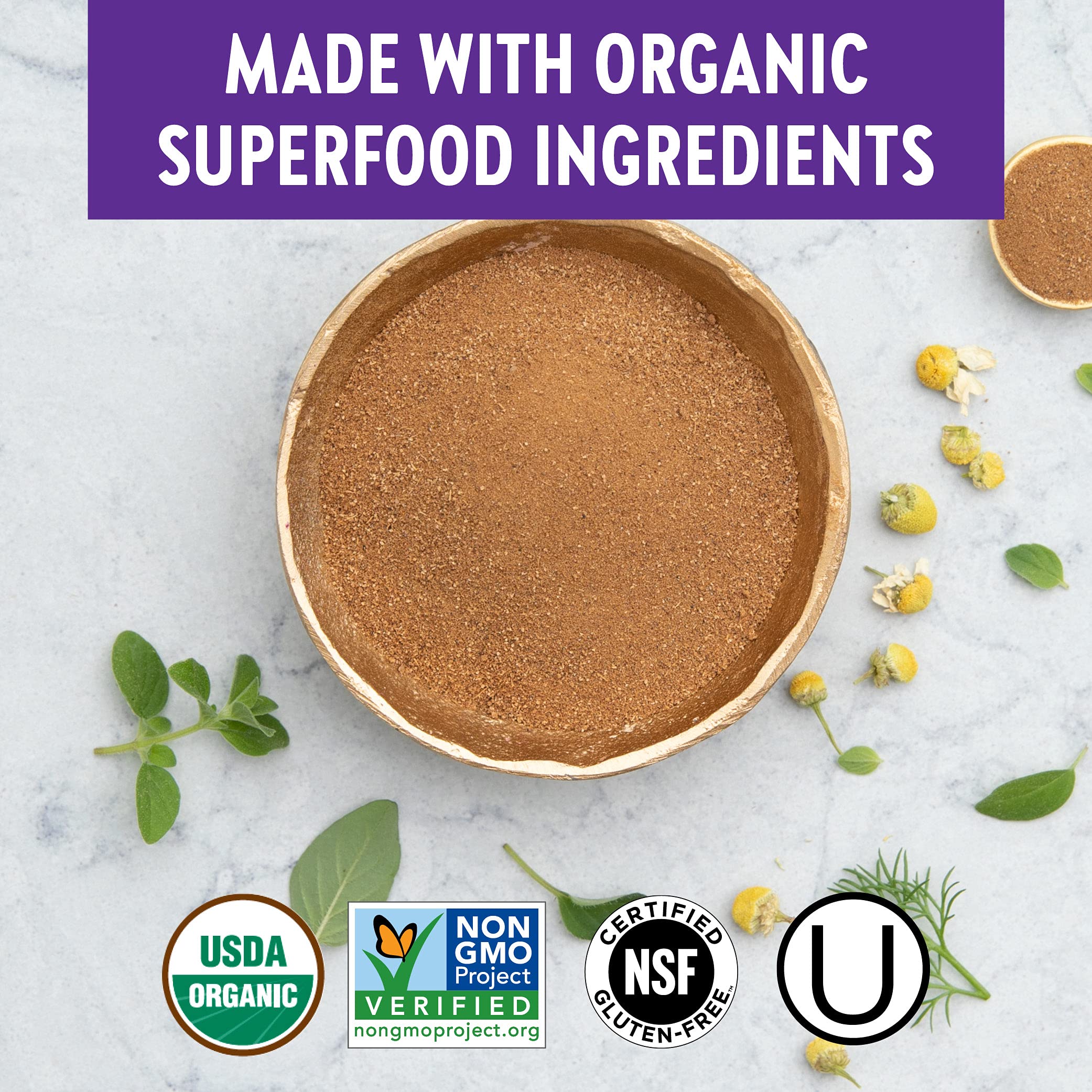 Dairy-free, gluten-free, non-GMO supplement packaging