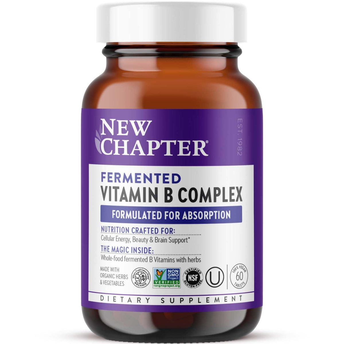 New Chapter Vitamin B Complex bottle with USDA Organic and vegan icons