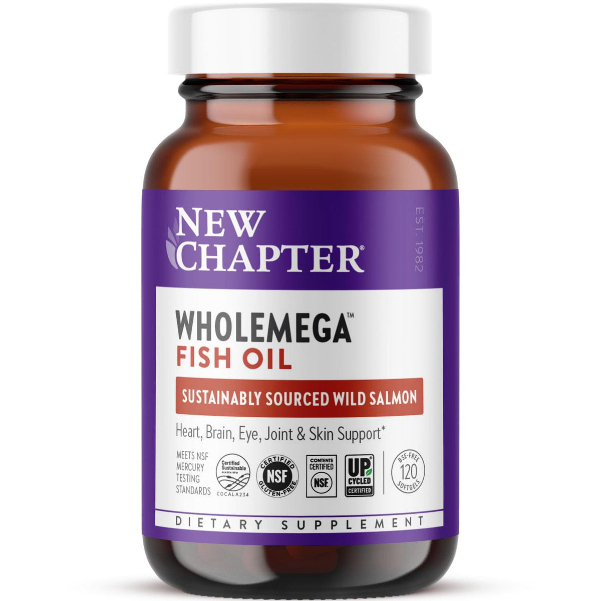 Front view of New Chapter Wholemega Fish Oil bottle with 120 softgels