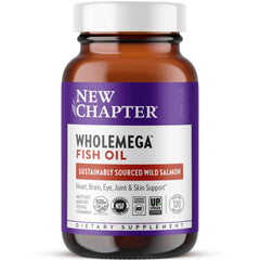 Front view of New Chapter Wholemega Fish Oil bottle with 120 softgels