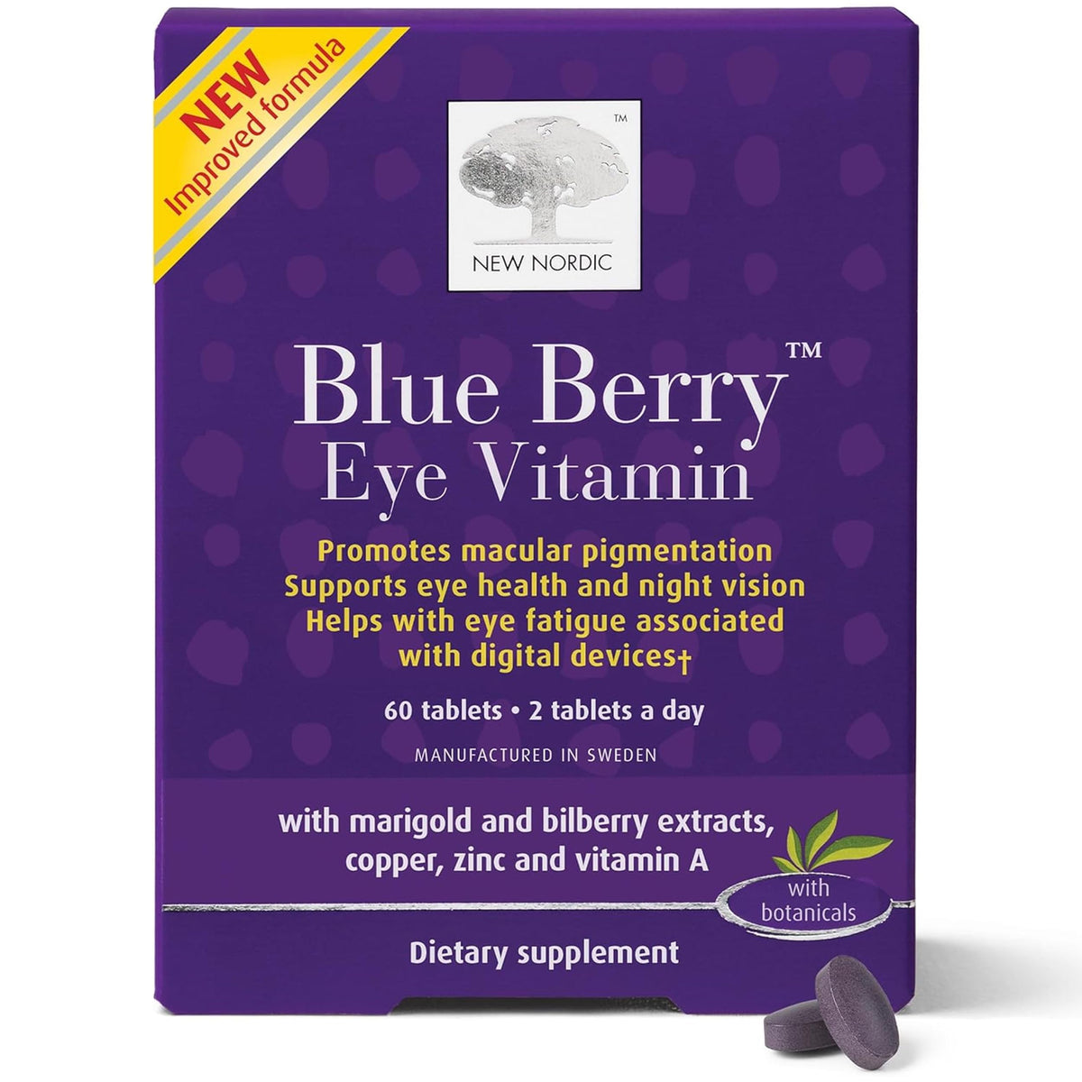 NEW NORDIC Blue Berry Eye Vitamin bottle on white background for eye health support.