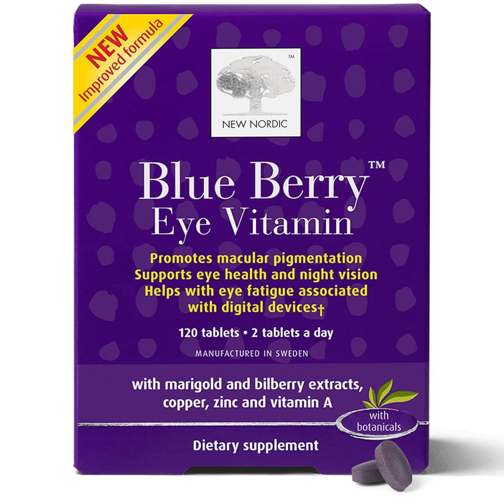 Product hero image showing NEW NORDIC Blue Berry Eye Vitamin Lutein Zinc 120 tablets Pack of 1