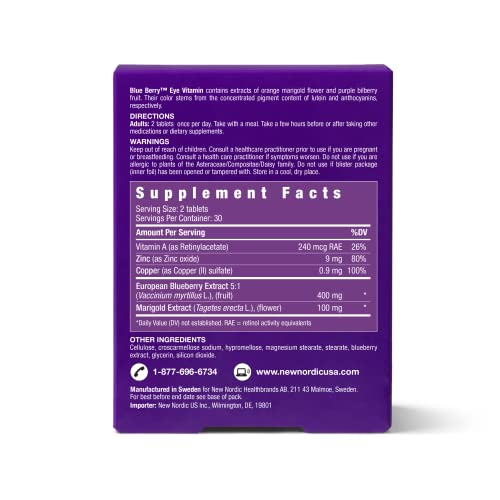 NEW NORDIC Blue Berry Eye Vitamin tablets close-up highlighting bilberry content.