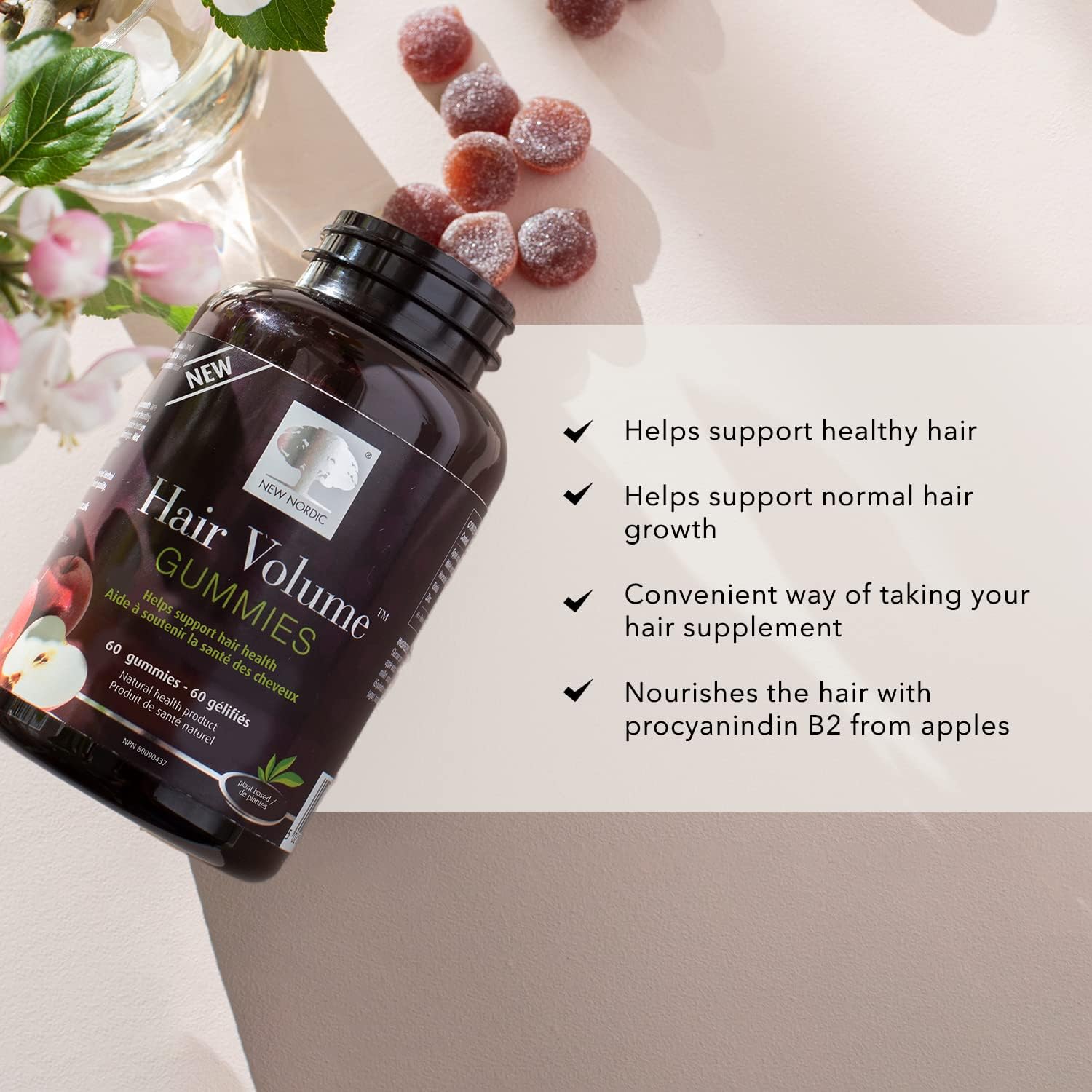 Vegan, gluten-free hair vitamins shown as gummies and leaf icons