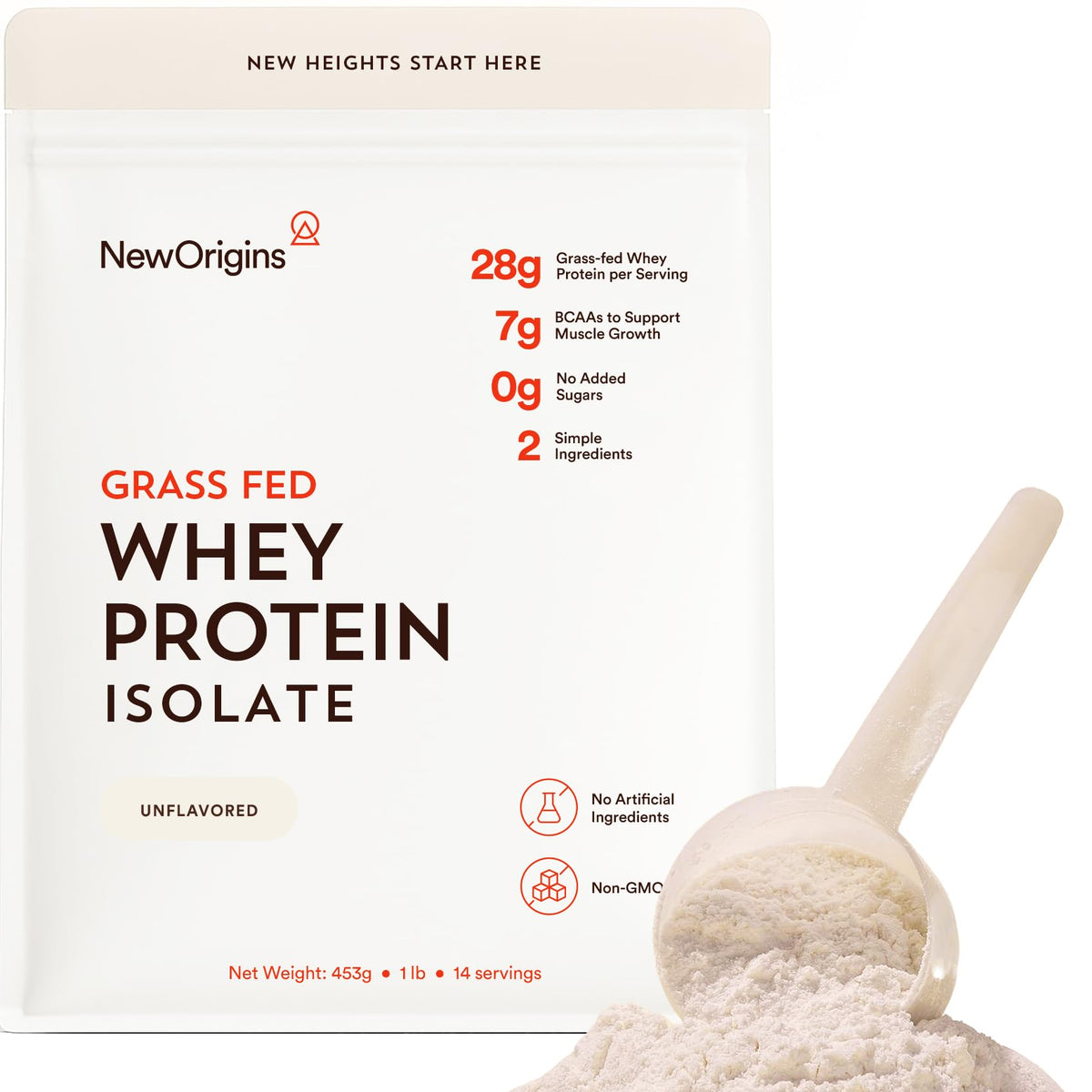 New Origins whey protein isolate unflavored packaging highlights grass-fed, clean protein.