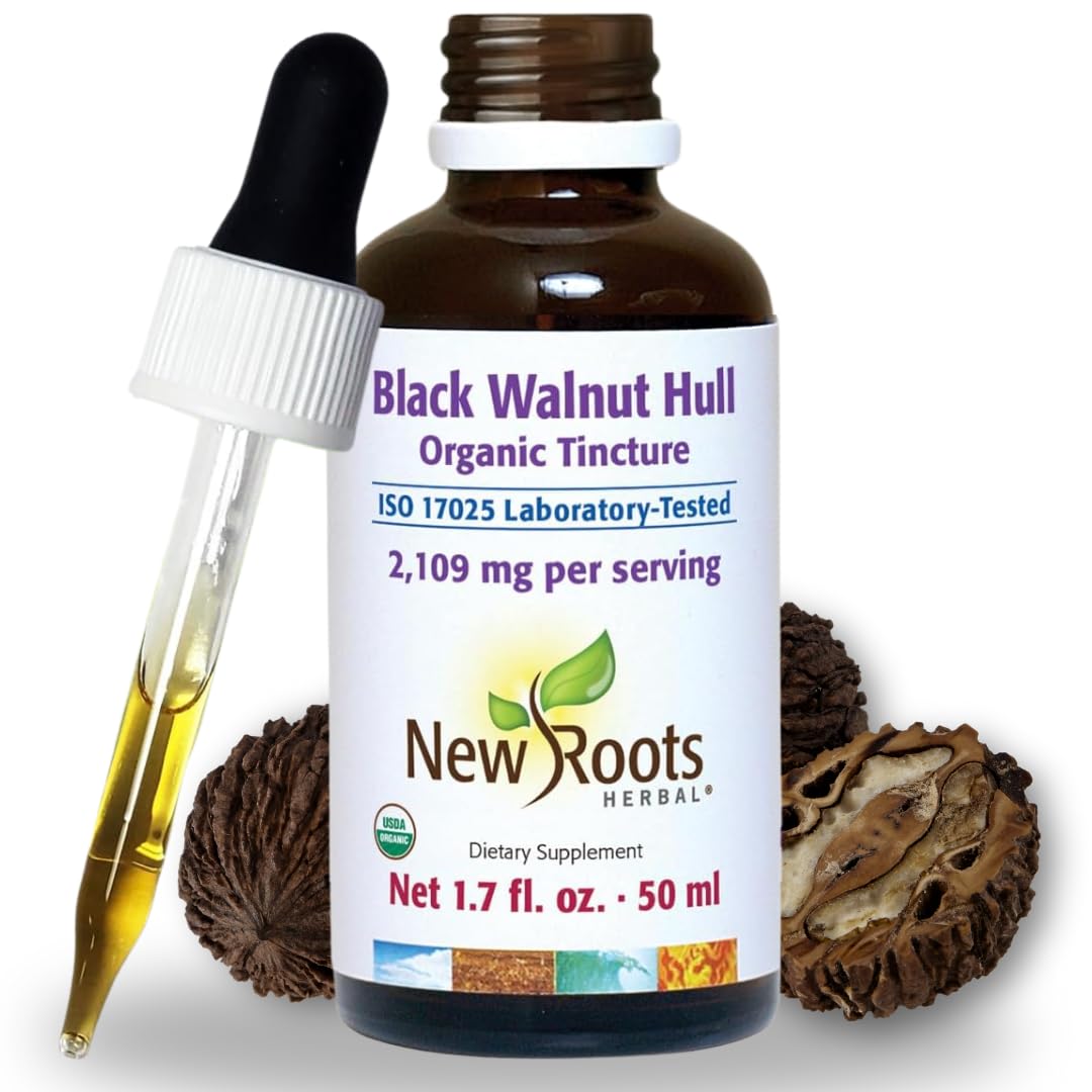 New Roots Herbal black walnut hull tincture bottle for easy daily use and gentle gut support.