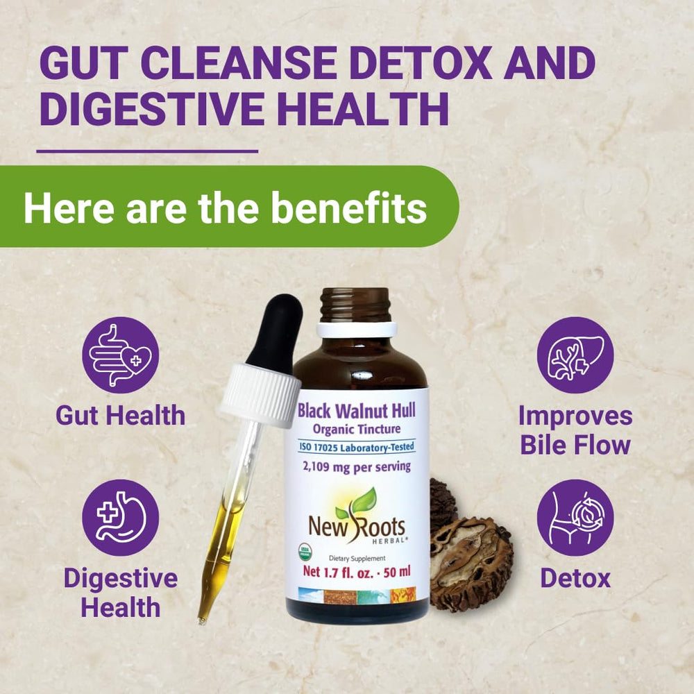 New Roots Herbal tincture dropper illustrating fast-absorption benefits in a few drops.