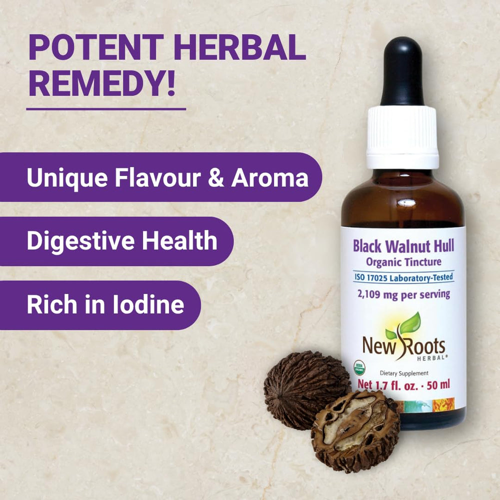 New Roots Herbal black walnut hull tincture drops on tongue highlight quick, convenient use.