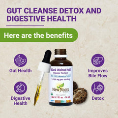 New Roots Herbal black walnut hull tincture drops on tongue highlight quick, convenient use.