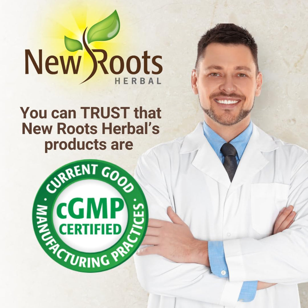 New Roots Herbal tincture label closeup emphasizes purity and ISO-tested quality.