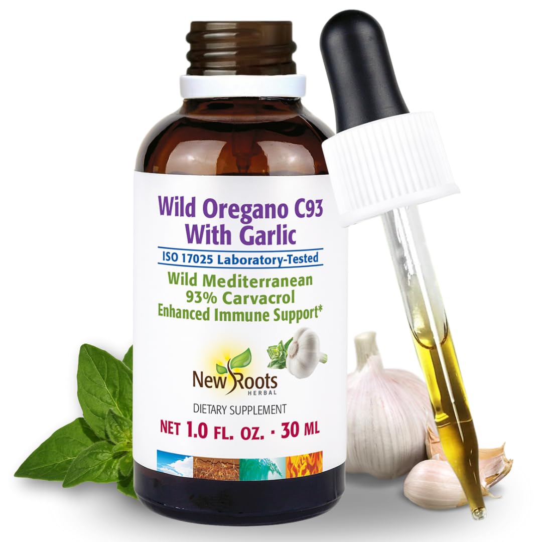 Front view of NEW ROOTS HERBAL Wild Oregano Oil Tincture with Garlic (1 fl oz)