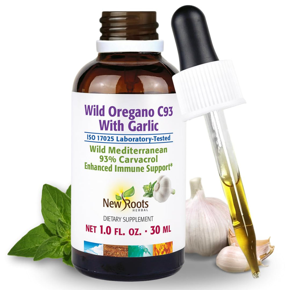 Front view of NEW ROOTS HERBAL Wild Oregano Oil Tincture with Garlic (1 fl oz)