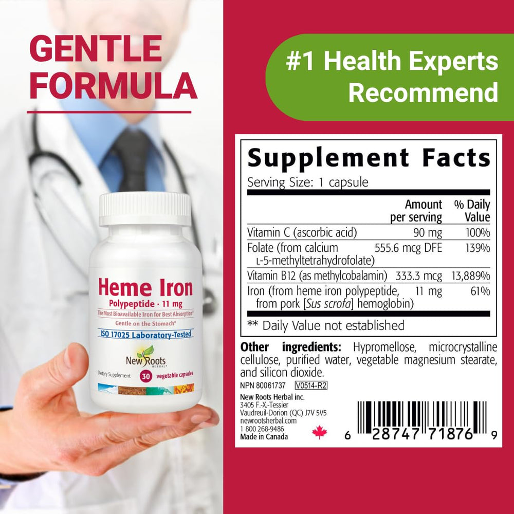 Low-FODMAP label on NEW ROOTS Herbal Heme Iron package