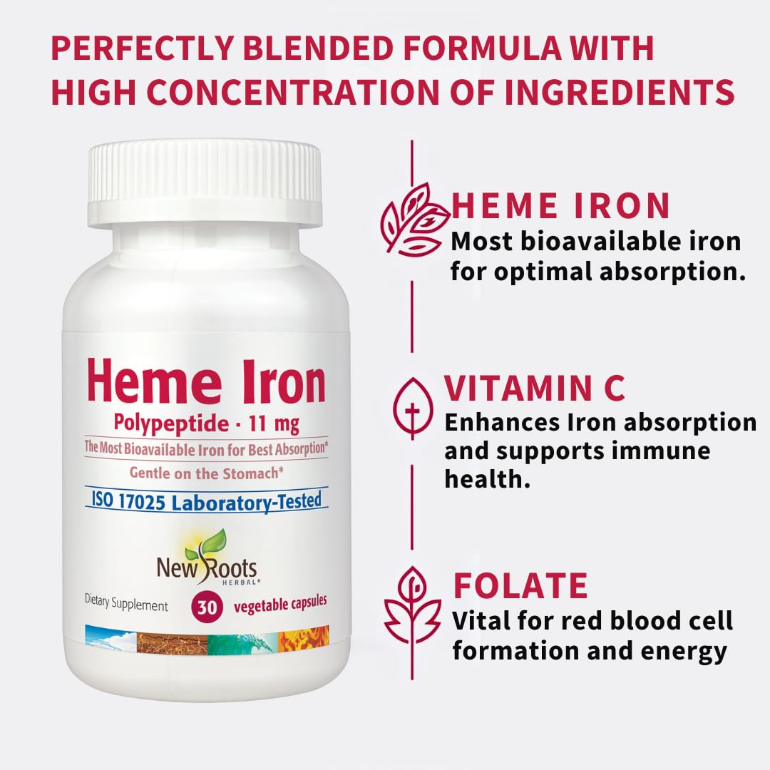 Front packaging of NEW ROOTS HERBAL Heme Iron with Low-FODMAP claim
