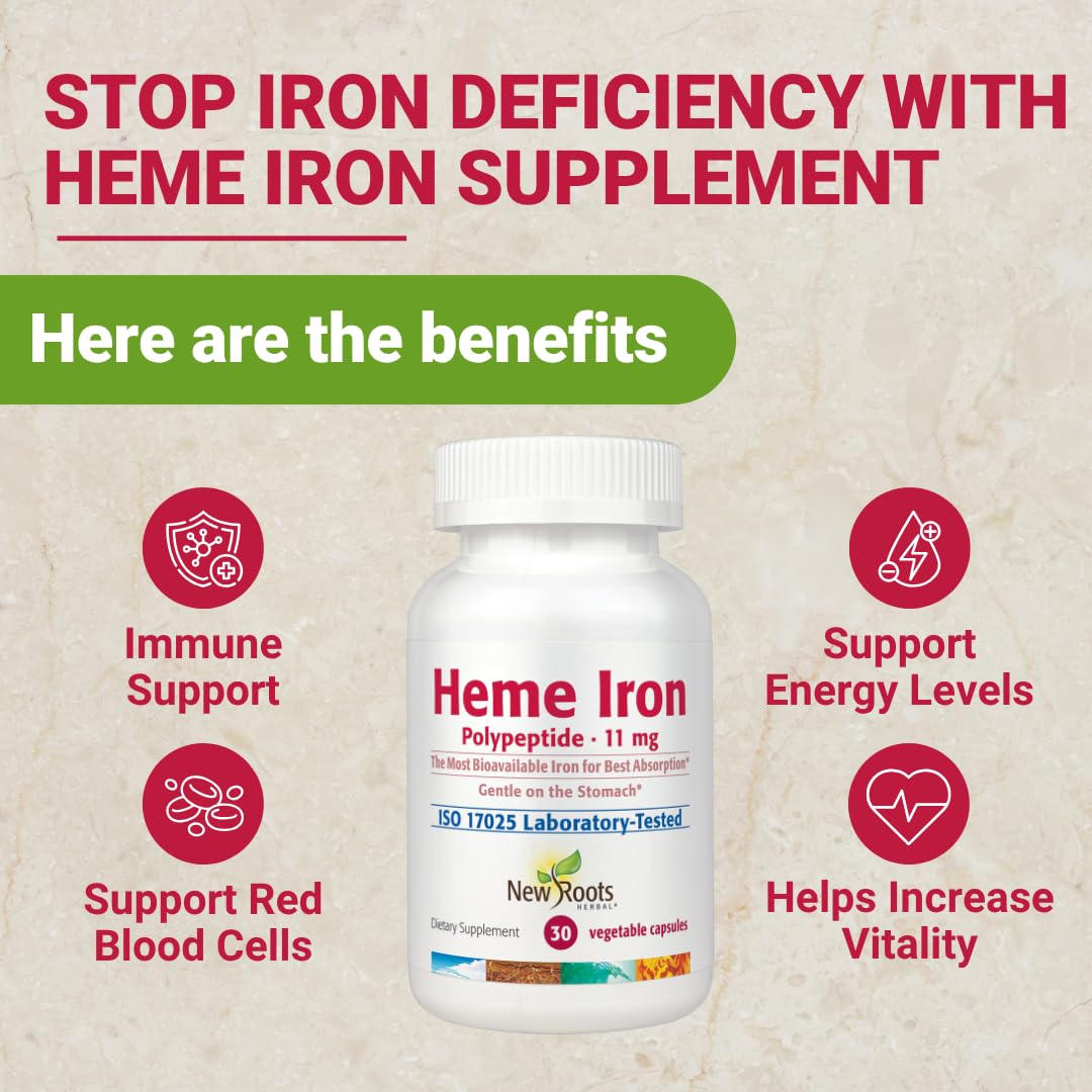 Product packaging showing Heme Iron with Vitamin C and B12