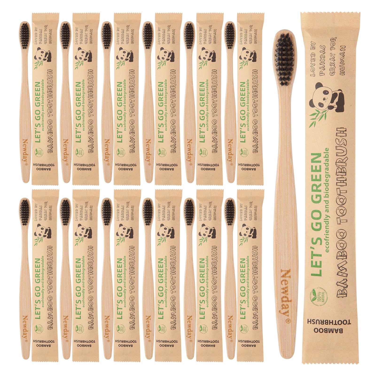 Newday Bamboo Toothbrushes Black 100 Pack - Front View - Individually Wrapped