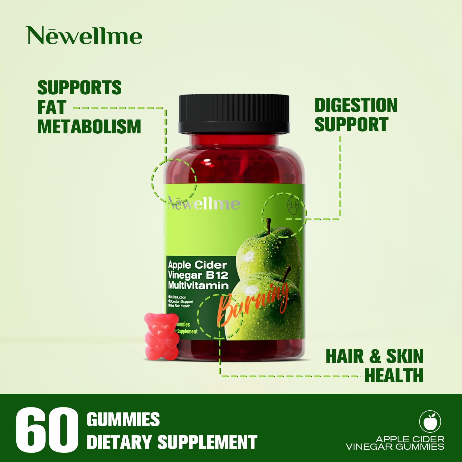 Nutrition facts panel on Newellme ACV Gummies bottle