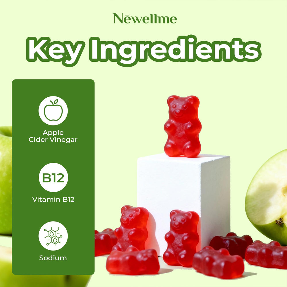 NEWELLME Apple Cider Vinegar Gummies with The Mother bottle art showcasing authentic wellness format.