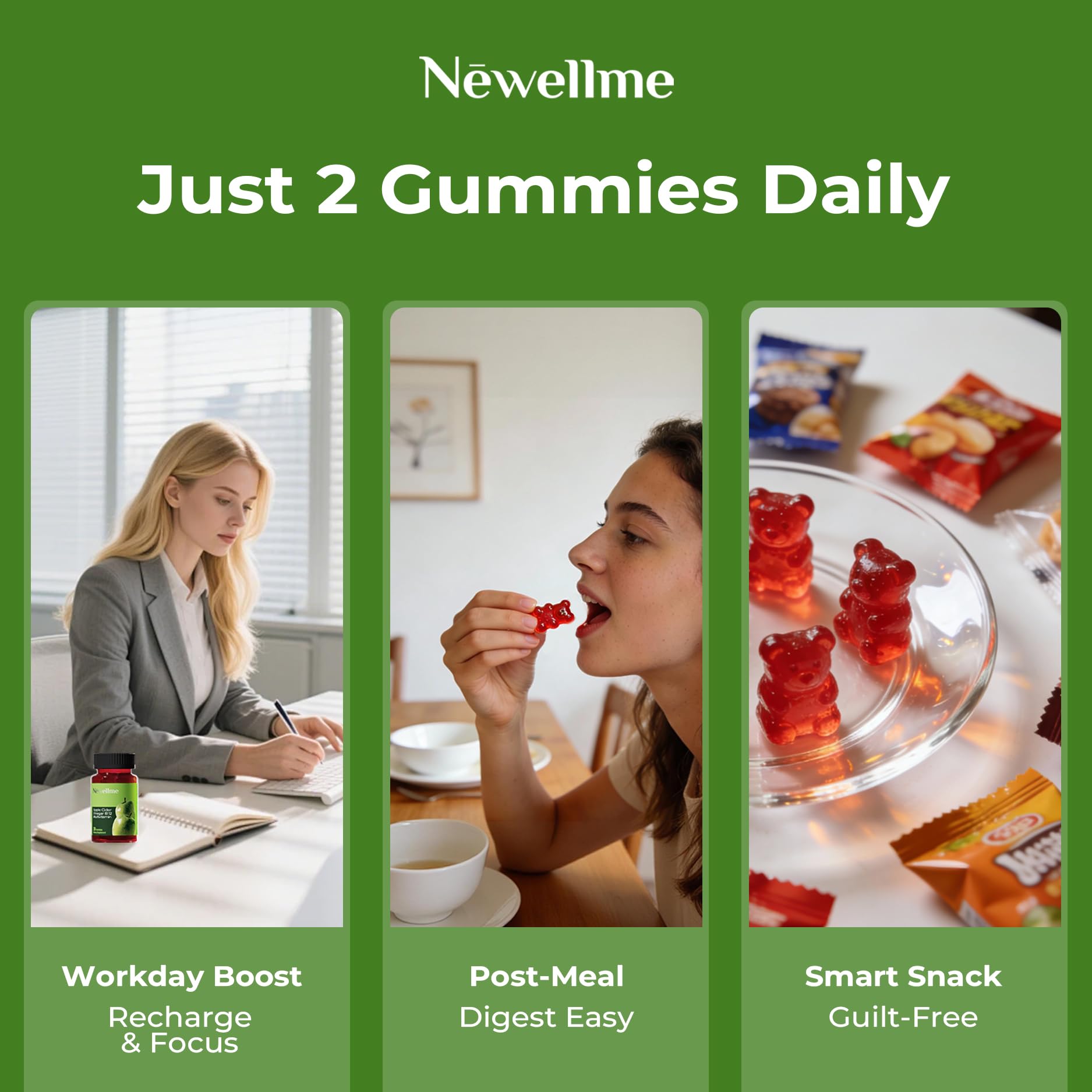 NEWELLME organic vitamin gummies ingredients panel emphasizes non-GMO and gluten-free promise.