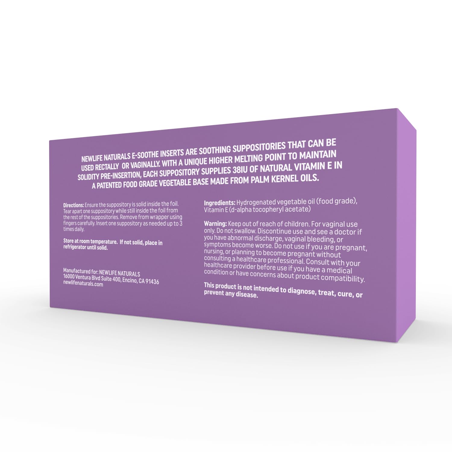 Box showing 48 inserts for NewLife Naturals Vitamin E Suppositories