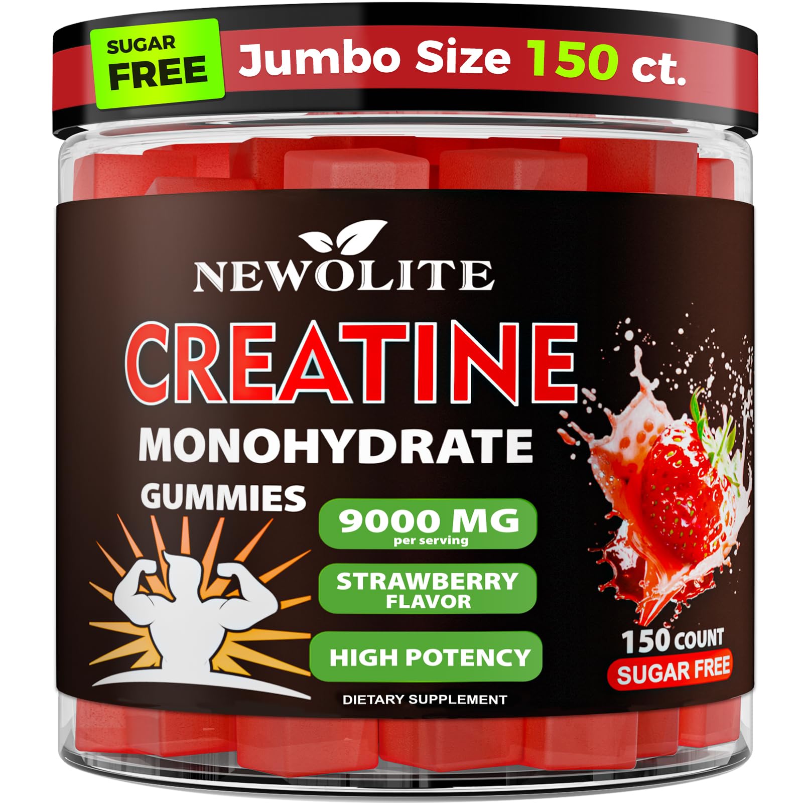 Front view of NEWOLITE Creatine Monohydrate Gummies bottle in strawberry flavor