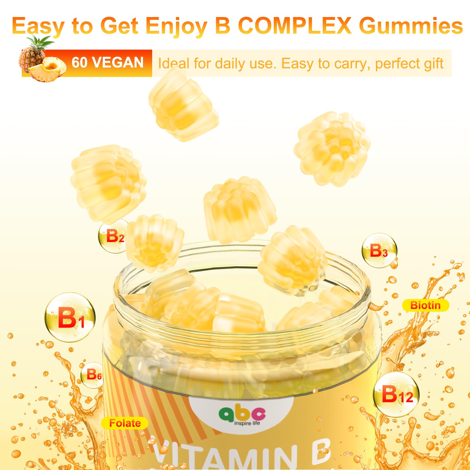 Illustration of eight B vitamins (B1, B2, B3, B5, B6, B7, B9, B12)