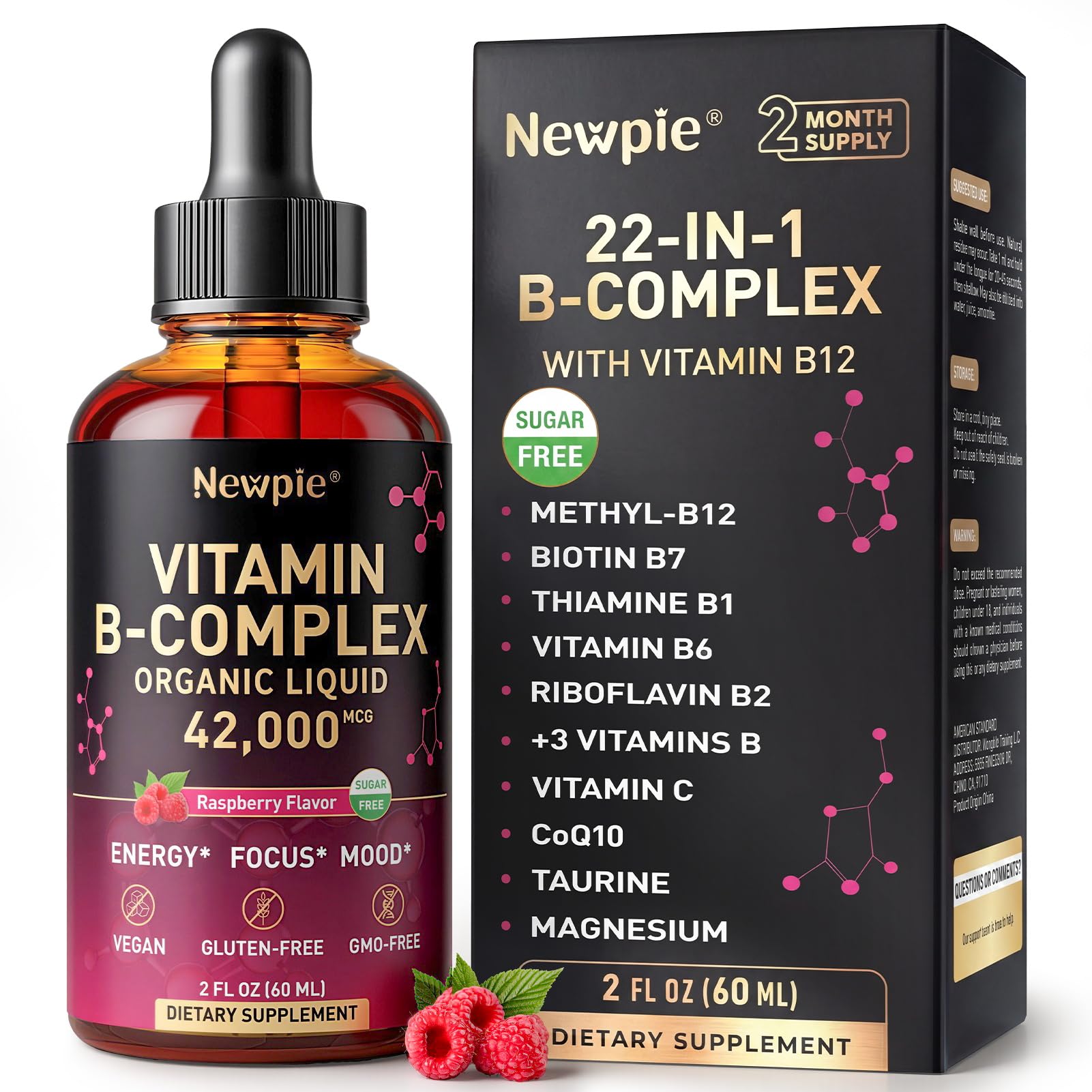 Newpie bottle front view showing label and organic B complex benefits