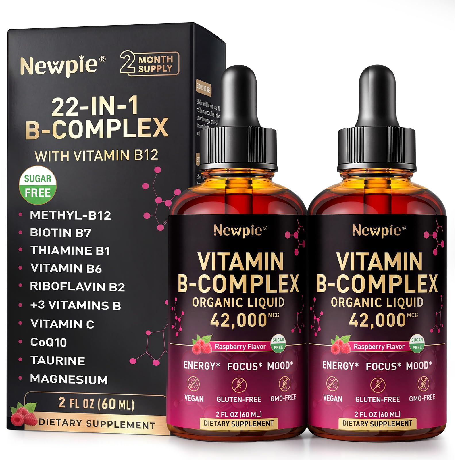 Newpie front packaging showing bottle and two-pack value, benefits visible
