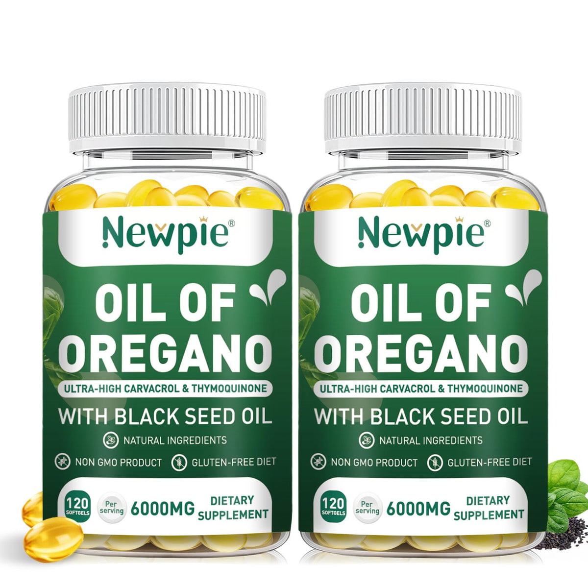 Front view of Newpie Oil of Oregano with Black Seed Oil Softgels bottle