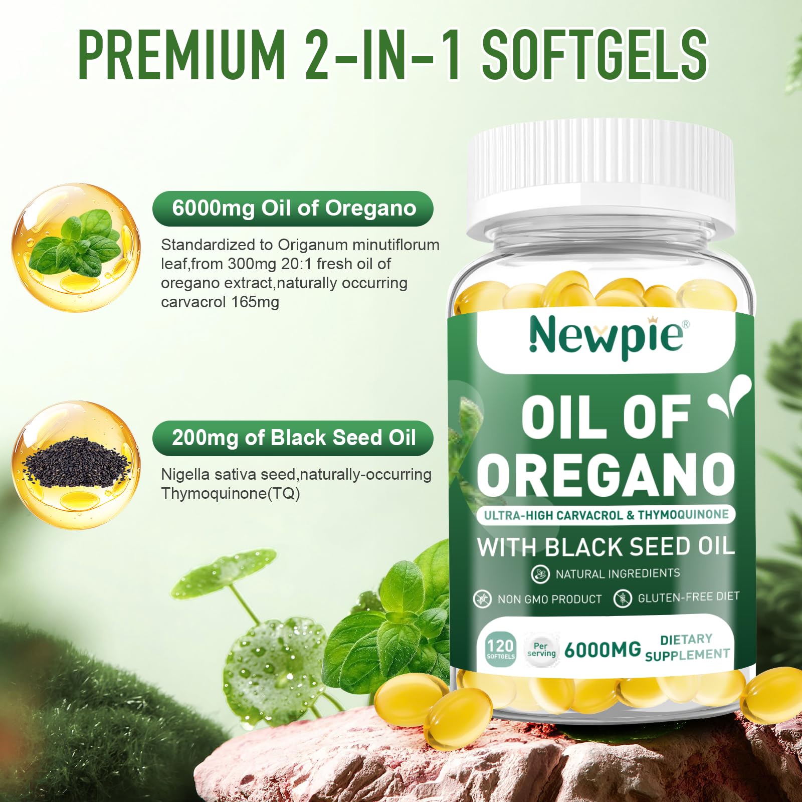 Nutrition panel indicating 6000 mg oregano oil and 200 mg black seed oil per serving