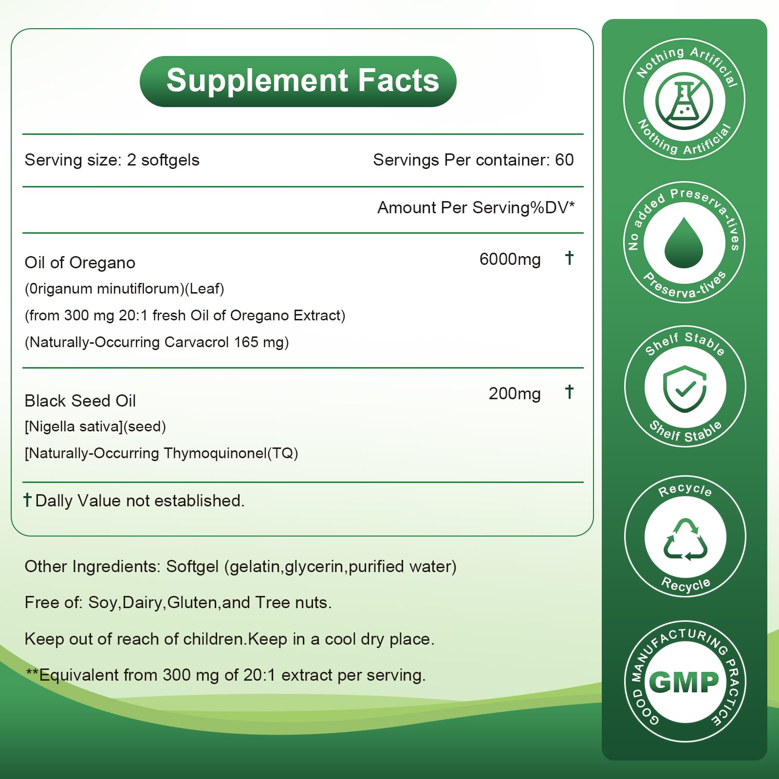 Close-up of Newpie oregano and black seed oil softgels