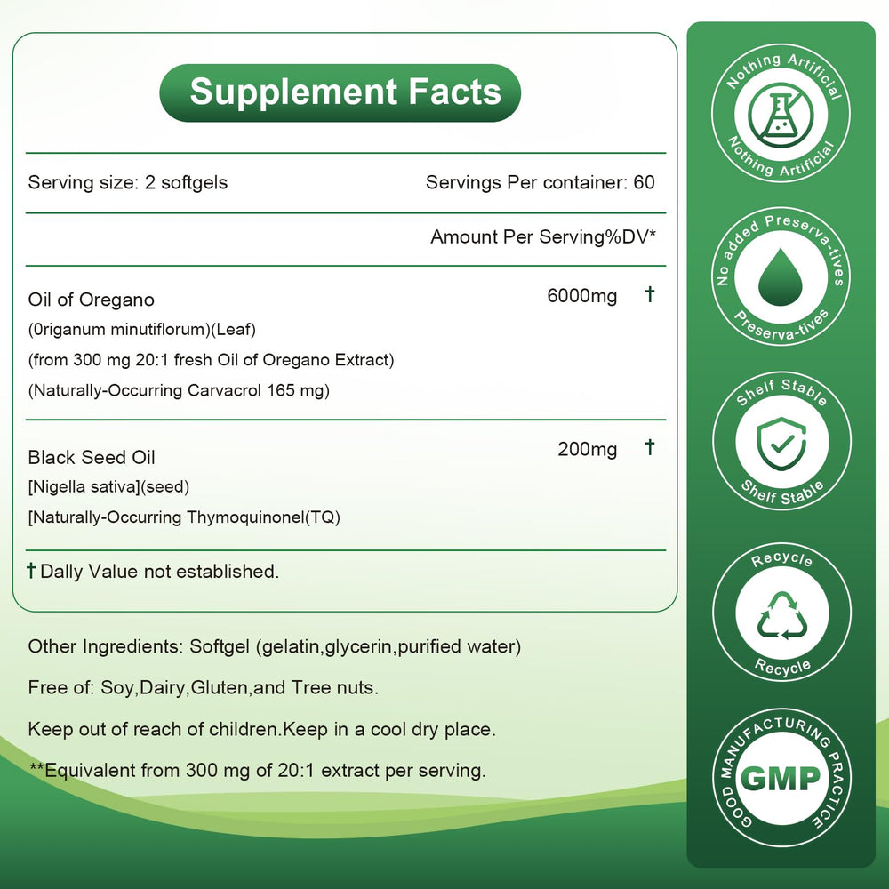 Close-up of Newpie oregano and black seed oil softgels