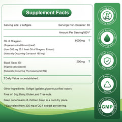 Close-up of Newpie oregano and black seed oil softgels