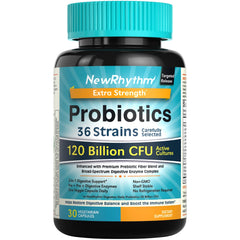 NewRhythm Probiotics bottle and label shown