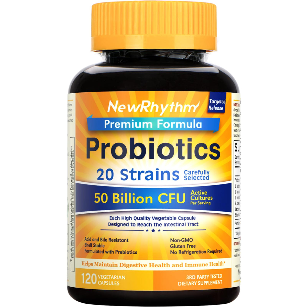 Front view of NewRhythm Probiotics bottle and label