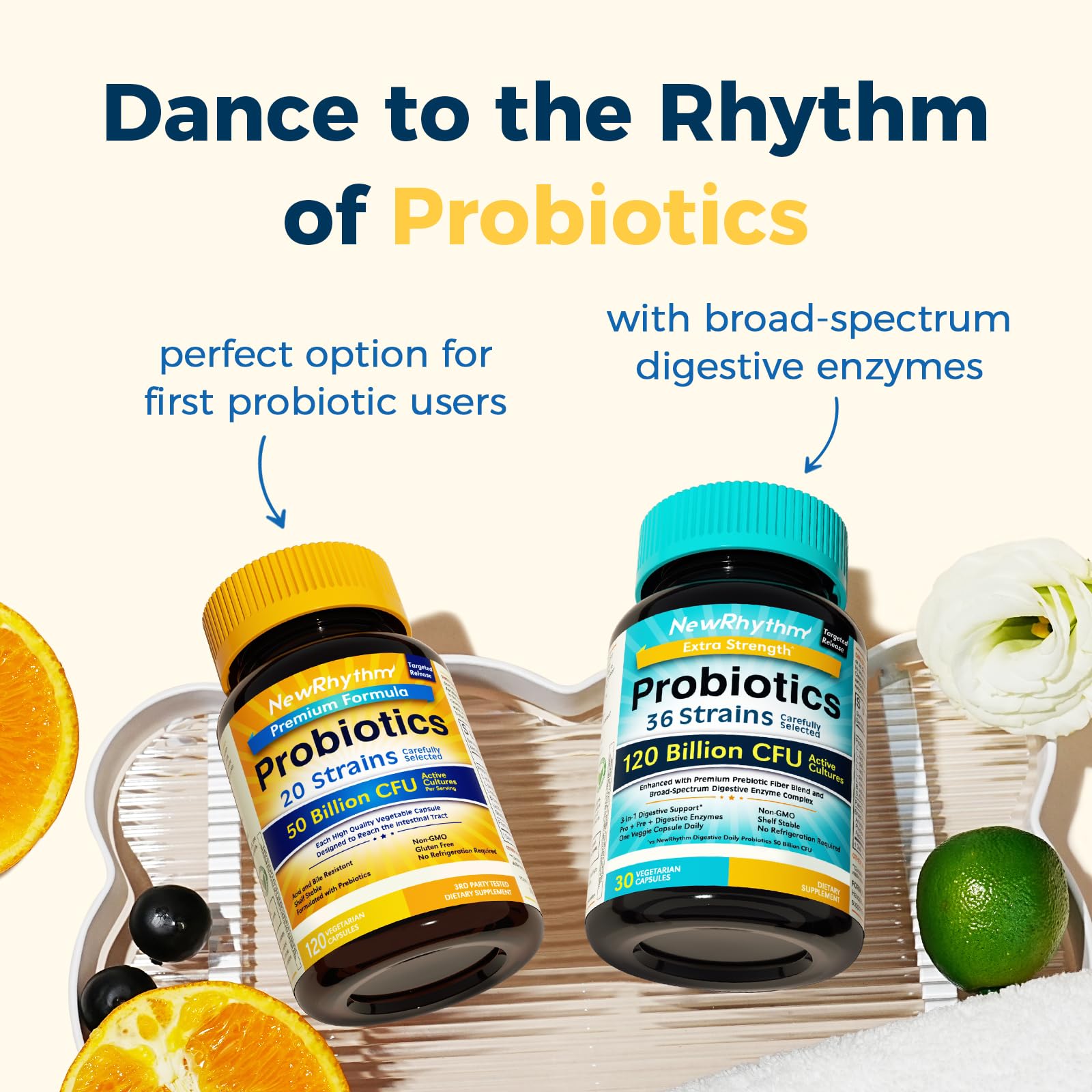 NewRhythm Probiotics packaging notes the New York manufacturing facility.