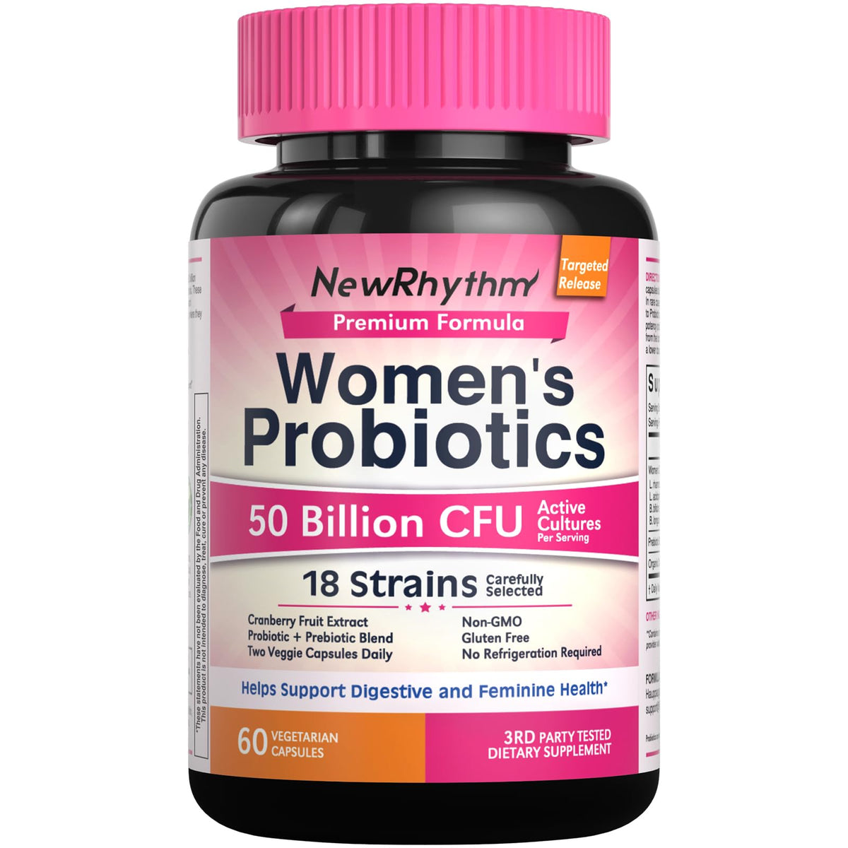 NewRhythm Women’s Probiotics bottle with label showing 50B CFU and 18 strains