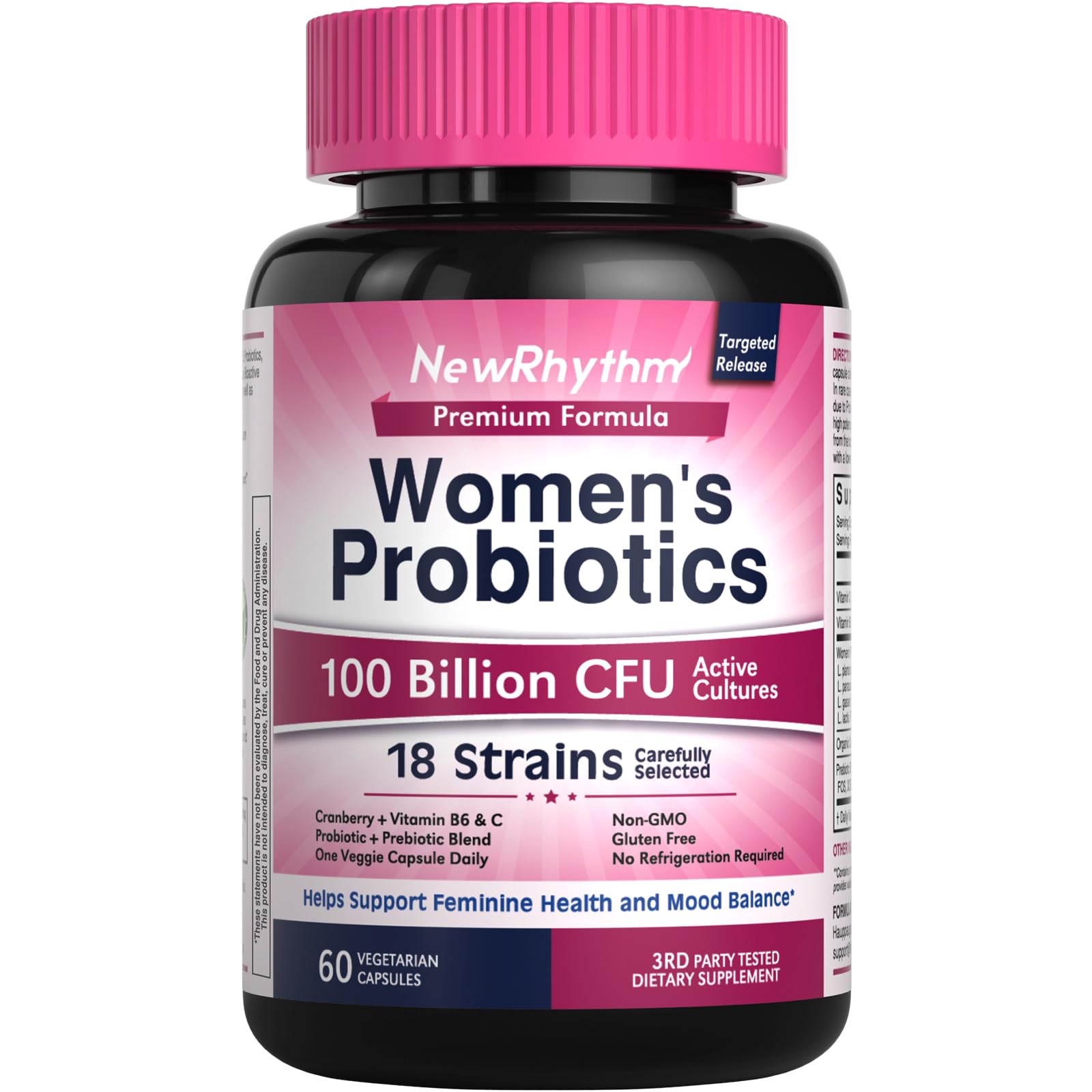 Front view of NewRhythm Women's Probiotics bottle