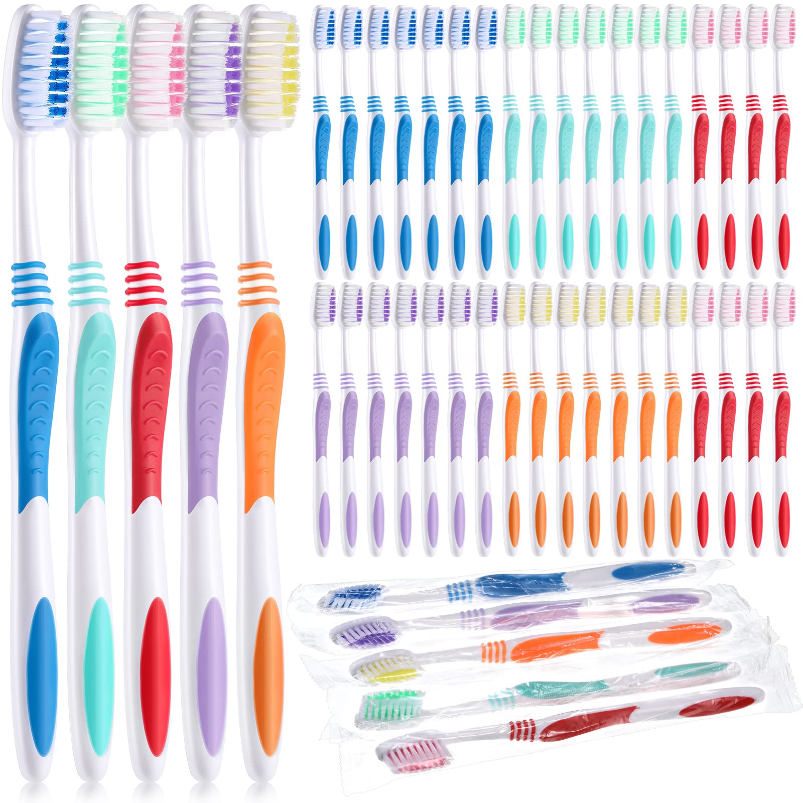 Newtay 100 piece set of individually wrapped travel toothbrushes in multiple colors